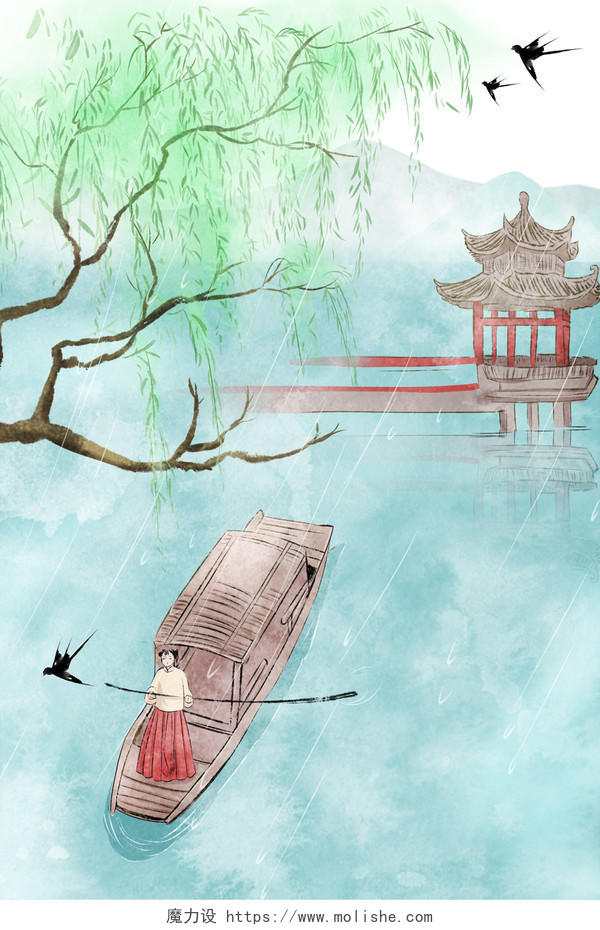 绿色水墨中国风传统二十四节气谷雨背景素材